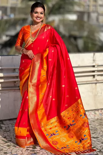 Red gold zari woven paithani silk blend saree