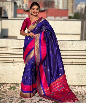 Blue gold zari woven paithani silk blend saree 1