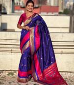 Blue gold zari woven paithani silk blend saree