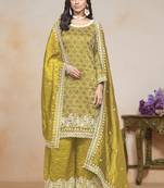 Yellow silk embroidered designer palazzo suit