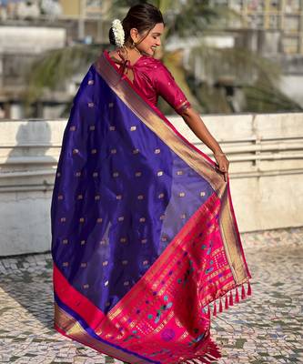Blue gold zari woven paithani silk blend saree 2