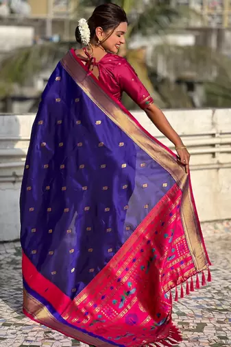 Blue gold zari woven paithani silk blend saree
