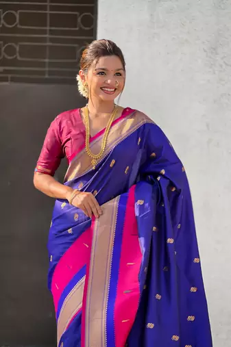 Blue gold zari woven paithani silk blend saree