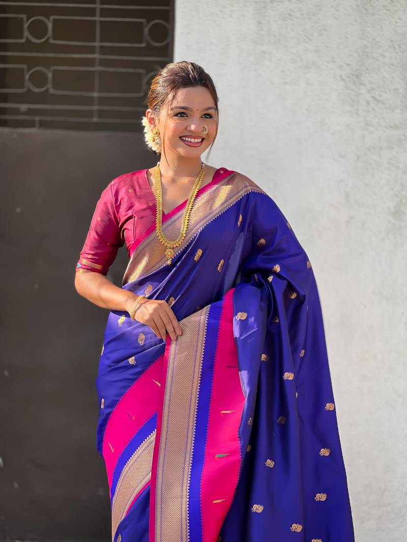 Blue gold zari woven paithani silk blend saree