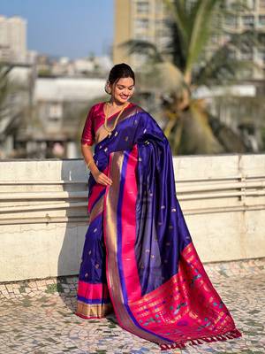 Blue gold zari woven paithani silk blend saree 4