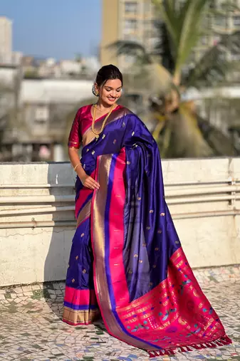Blue gold zari woven paithani silk blend saree