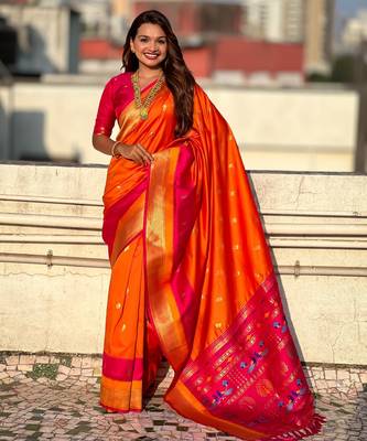 Orange gold zari woven paithani silk blend saree 1