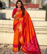 Orange gold zari woven paithani silk blend saree