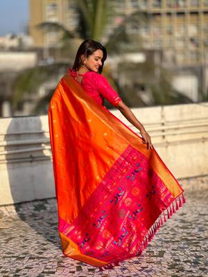 Orange gold zari woven paithani silk blend saree 2