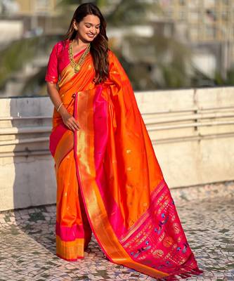 Orange gold zari woven paithani silk blend saree 4