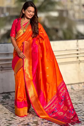 Orange gold zari woven paithani silk blend saree