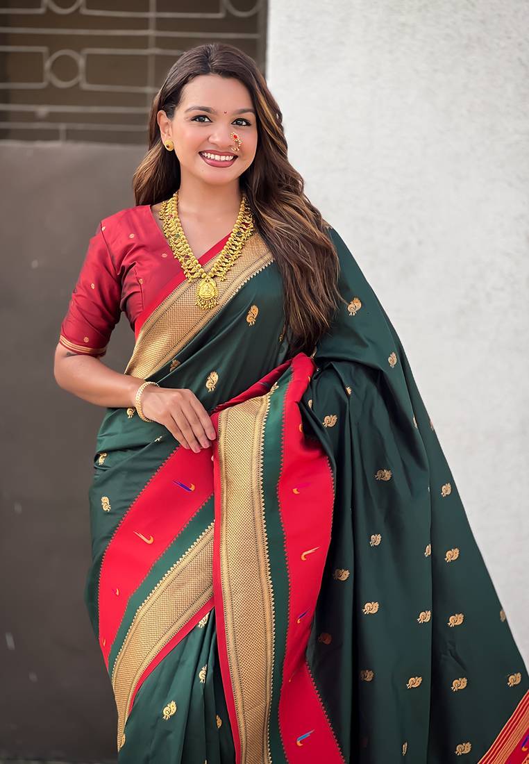 Green gold zari woven paithani silk blend saree