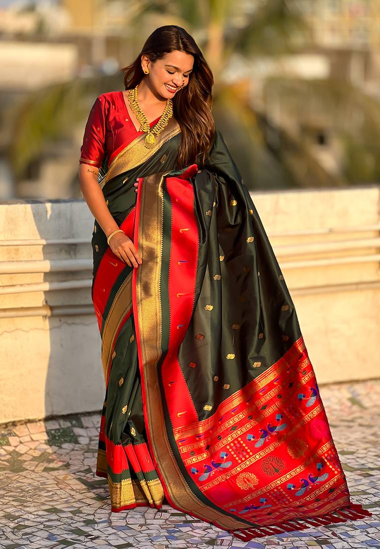 Green gold zari woven paithani silk blend saree