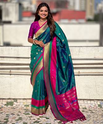 Sea green gold zari woven paithani silk blend saree 1