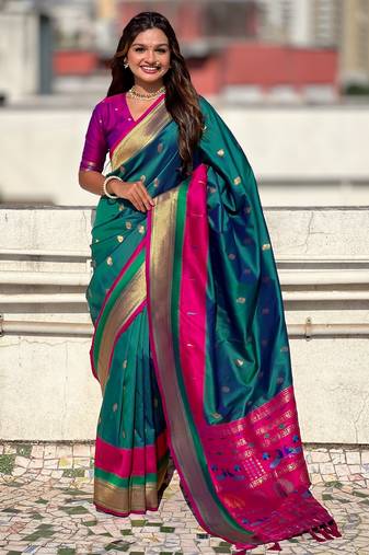 Sea green gold zari woven paithani silk blend saree