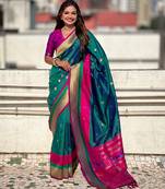 Sea green gold zari woven paithani silk blend saree