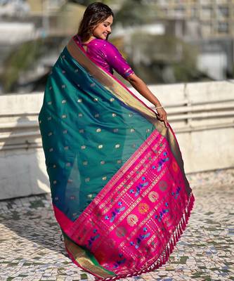 Sea green gold zari woven paithani silk blend saree 2