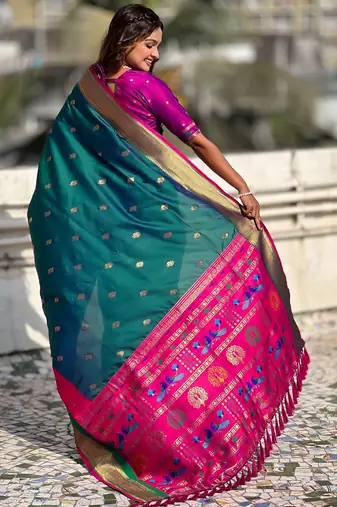 Sea green gold zari woven paithani silk blend saree