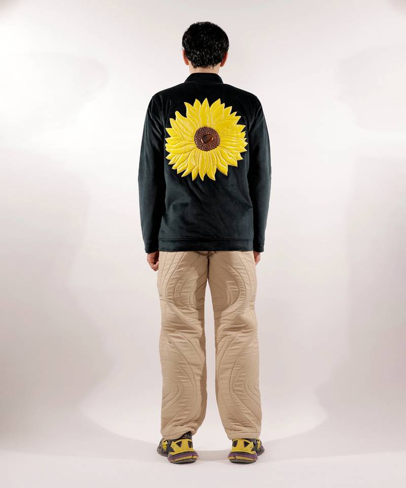 Abstract quilted beige satin pants