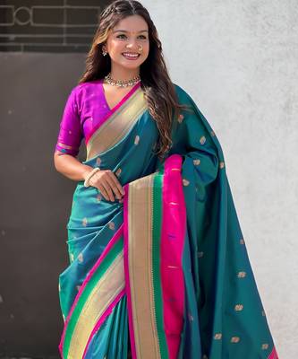 Sea green gold zari woven paithani silk blend saree 3