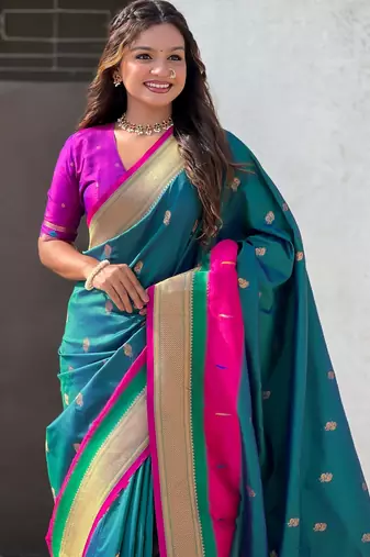 Sea green gold zari woven paithani silk blend saree