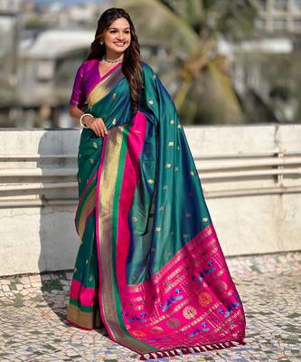 Sea green gold zari woven paithani silk blend saree 4