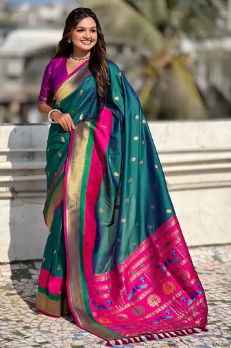 Sea green gold zari woven paithani silk blend saree