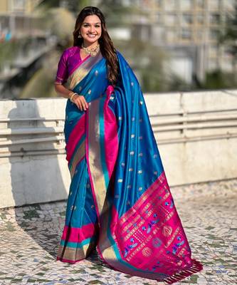 Blue gold zari woven paithani silk blend saree 1