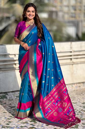 Blue gold zari woven paithani silk blend saree