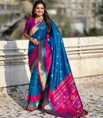 Blue gold zari woven paithani silk blend saree