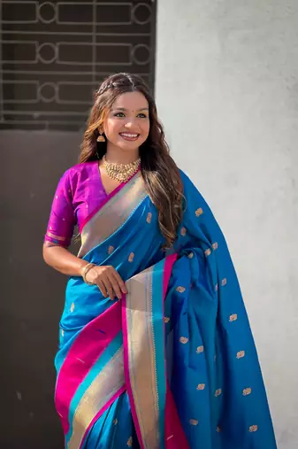 Blue gold zari woven paithani silk blend saree