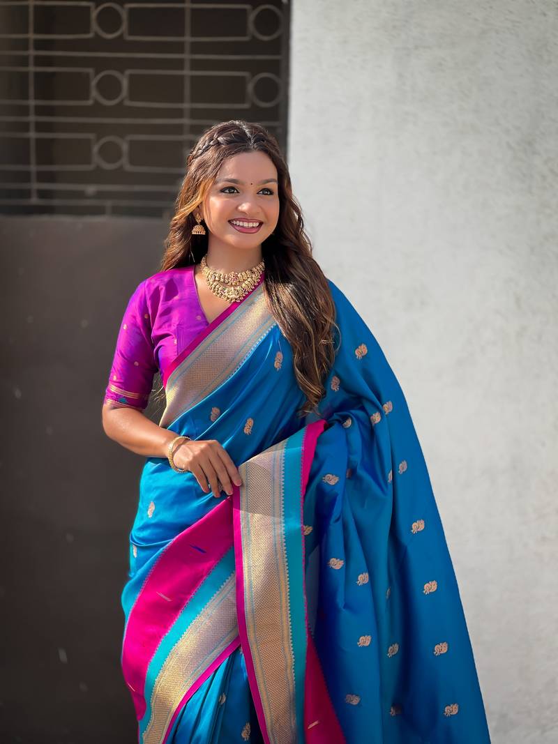 Blue gold zari woven paithani silk blend saree