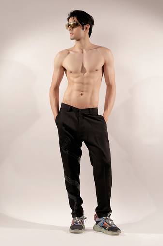 Snake quilted black cotton pants