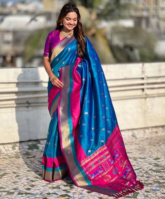 Blue gold zari woven paithani silk blend saree 4