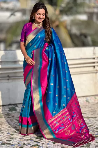 Blue gold zari woven paithani silk blend saree