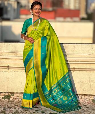 Parrot green gold zari woven paithani silk blend saree 1
