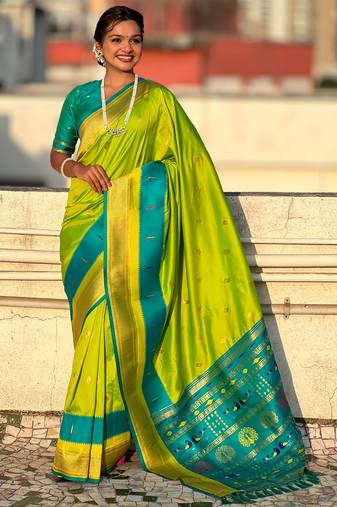 Parrot green gold zari woven paithani silk blend saree