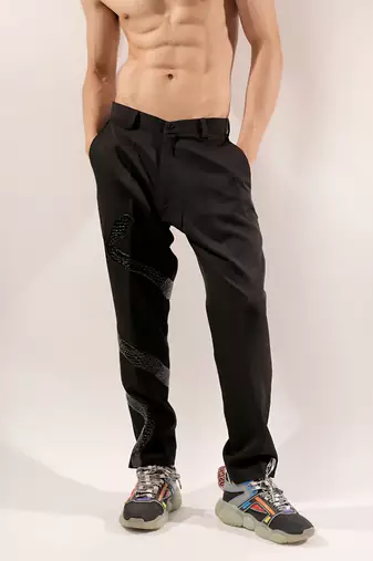 Snake quilted black cotton pants
