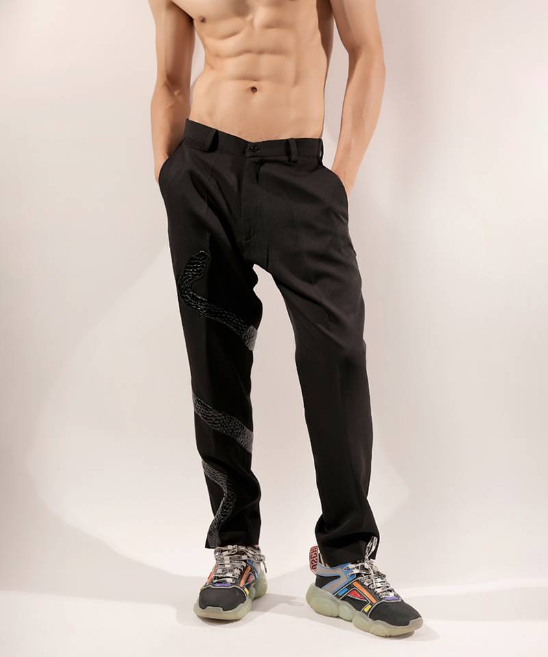 Snake quilted black cotton pants