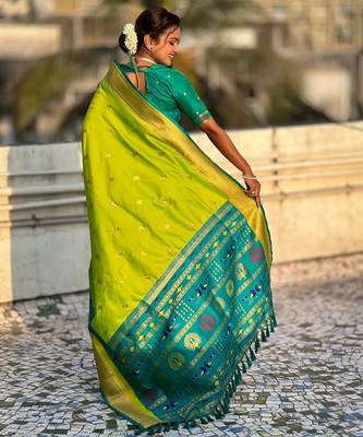 Parrot green gold zari woven paithani silk blend saree 2