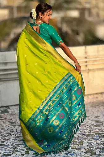 Parrot green gold zari woven paithani silk blend saree