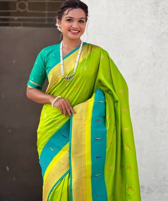 Parrot green gold zari woven paithani silk blend saree 3