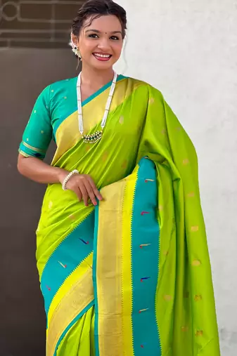 Parrot green gold zari woven paithani silk blend saree