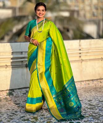 Parrot green gold zari woven paithani silk blend saree 4