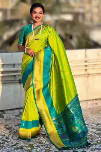 Parrot green gold zari woven paithani silk blend saree