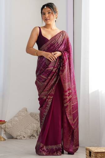 Wine georgette sequins fancy saree