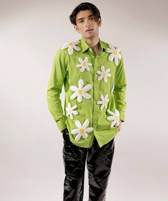 3d flower quilted green cotton shirt 1