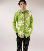 3d flower quilted green cotton shirt