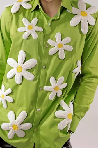 3d flower quilted green cotton shirt