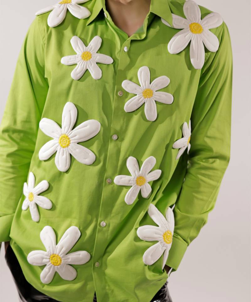 3d flower quilted green cotton shirt